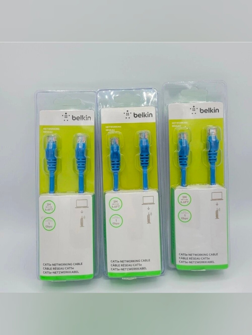 NEW! 3x Belkin Cat5e Networking Cable 2M 6.6ft Blue Ethernet Cable 1 Gbps